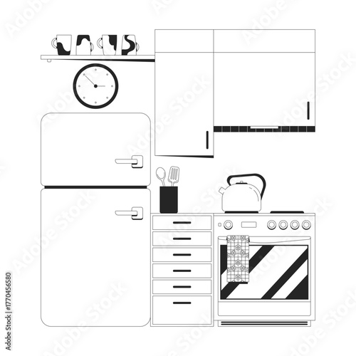 Kitchenette outline illustration. Compact kitchen interior with fridge, stove, kettle, upper cabinets. Cooking appliances, utensils 2D line scene isolated on white. Monochrome vector ink linear image