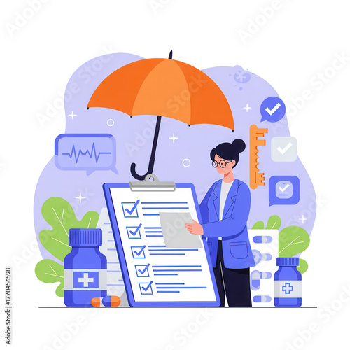 Healthcare insurance and medical checklist concept with doctor and umbrella protection