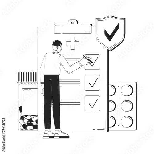 Health insurance claims doodle line illustration concept. Prescription medication coverage. Asian man with medical checklist and pills 2D outline character isolated. Hand drawn ink metaphor monochrome
