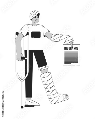 Accident insurance doodle line illustration concept. Personal injury protection. Broken leg. Insured policy holder man with crutch 2D outline character isolated. Hand drawn ink metaphor monochrome