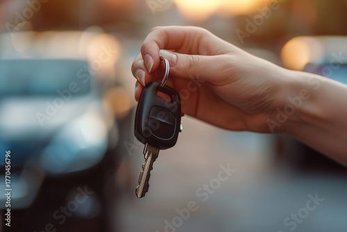 Close-up of person hand presenting car keys with blurred automobile in background. Suitable for dealership promotions, online ads and transportation visuals