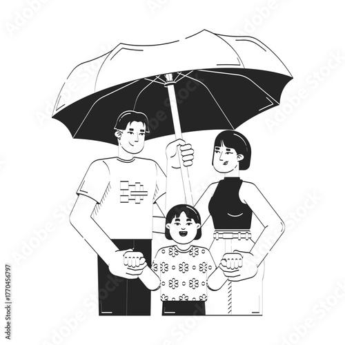 Family insurance protection and safety doodle line illustration concept. Trusted coverage. Insured parents with child under umbrella 2D outline characters isolated. Hand drawn ink metaphor monochrome