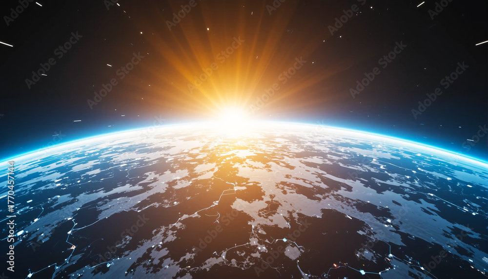 Obraz premium Sunrise over earth seen from space with glowing atmosphere