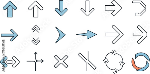Arrow Icon Set Directional, Circular, and Cross Shapes in Line Style, White Background
