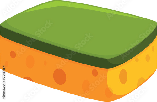 Kitchen sponge featuring a soft side and a green scouring pad, ideal for cleaning dishes and tackling tough grime
