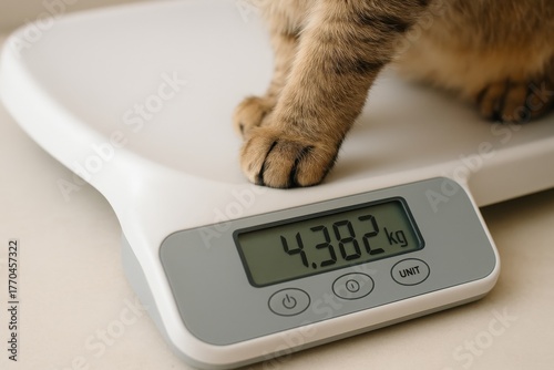 Cat steps onto veterinary scale to check weight during a routine health check at the animal clinic