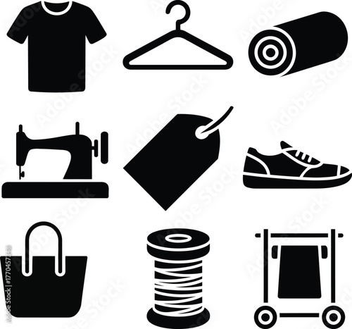 Black icons of clothing and sewing items on white background