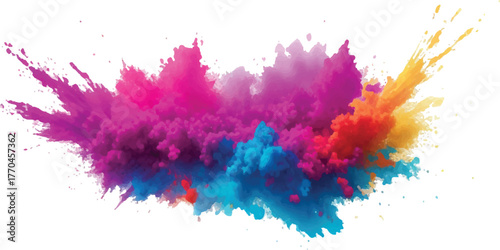 Colorful powder explosion vibrant pigment dust cloud abstract design element for Holi festival or creative backgrounds