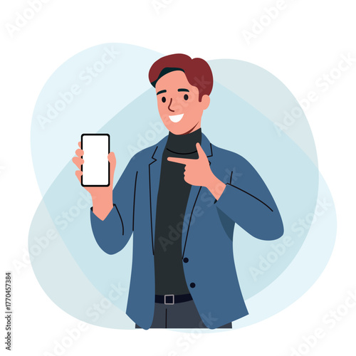 Young business man shows his smartphone screen and points his finger at him. Vector flat style cartoon  illustration.
