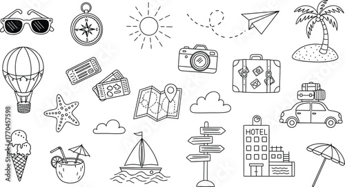 Black and White Doodle of Holiday Icons Travel, Summer, Tourism and Recreation