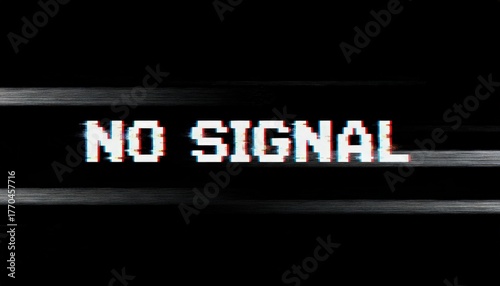 Pixilated no signal text on a black screen with vhs style digital distortion, static and interference conveying broadcast failure, vintage tv glitch and communication error