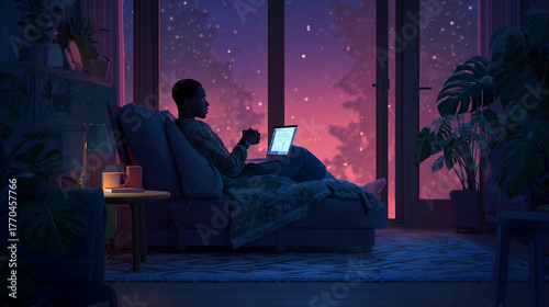 man on a bed looking at laptop with a cup of coffee in moody lighting