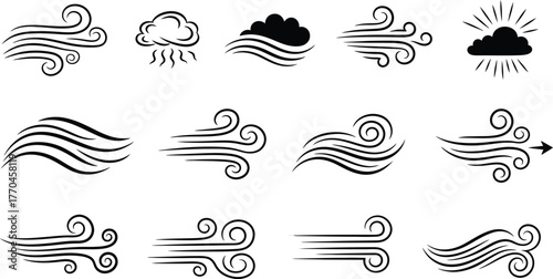 Black Wind Cloud Icon Set with Rainfall, Sun, and Swirls on Transparent Background