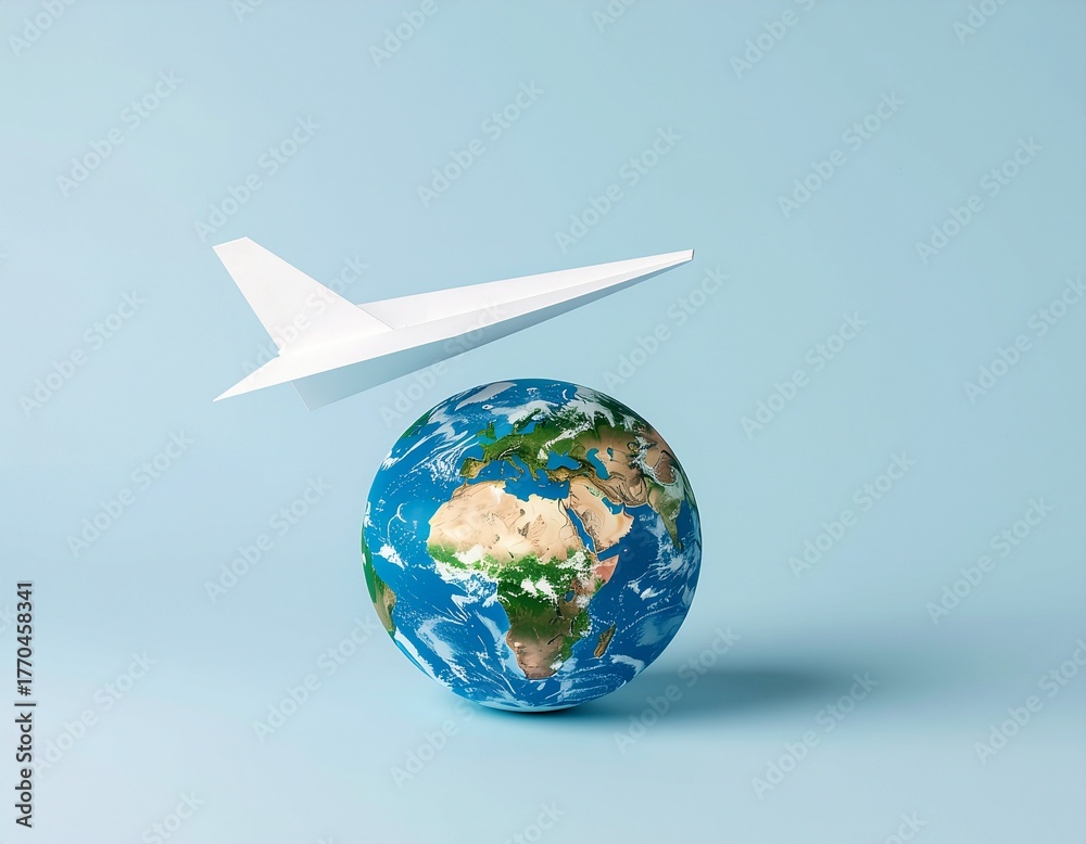 Fototapeta premium Paper Plane Flying Over Globe – Minimal Travel Concept