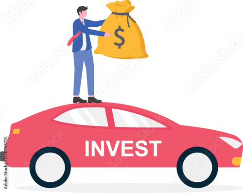 Businessman holding a money sack appearing from the window of a delivery car labeled INVEST illustration
