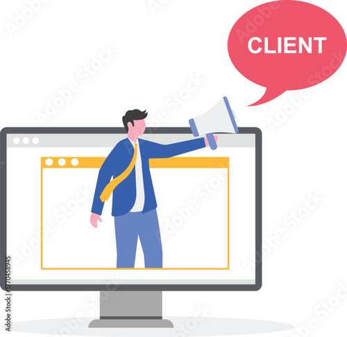  A businesswoman speaks through a megaphone, generating a chat bubble that says CLIENT,

