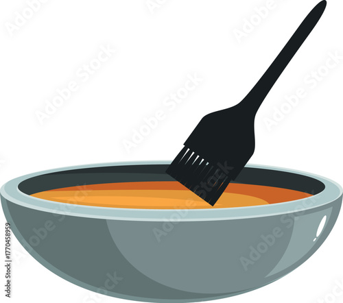 Black tint brush dipping into bowl of orange cream developer, preparing hair color mixture for professional hair coloring