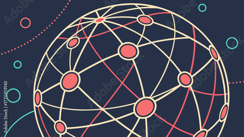 Illustration of a network globe with interconnected lines and nodes on a dark background with circles