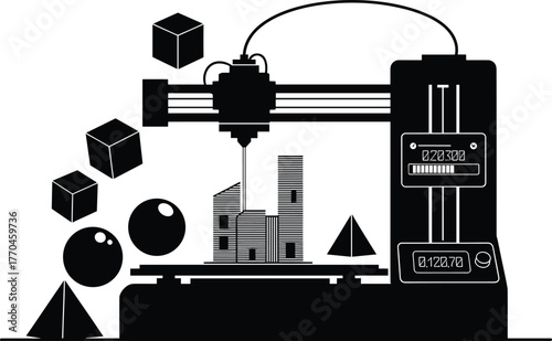 3D Printer Creating Geometric Shapes and Buildings, 3d printing, additive manufacturing, technology, innovation, creation, design, digital fabrication, prototyping, manufacturing, engineering, machine