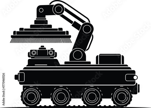 Black silhouette of a robotic vehicle with a cleaning brush arm, robot, robotic, vehicle, machine, technology, automation, industrial, cleaning, brush, arm, mechanical, engineering, futuristic, scienc