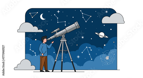Astronomy telescope observing night sky constellations planets stars space exploration illustration vector