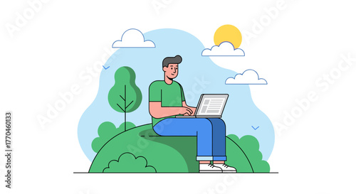 Illustration of man working on laptop outdoors for remote work freelance job and digital nomad lifestyle
