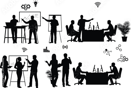 Business meeting and office work silhouettes teamwork, business, meeting, office, work, teamwork, collaboration, presentation, discussion, brainstorming, planning, strategy, technology, computers, des