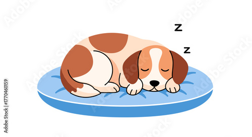Cute sleeping dog illustration on blue cushion adorable puppy nap drawing pet cartoon animal rest dream zzz