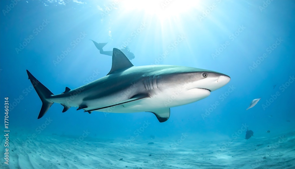 Fototapeta premium An underwater scene showcases a majestic shark swimming gracefully. Sunlight beams down from above, with a scuba diver in the distance. The ocean floor is sandy