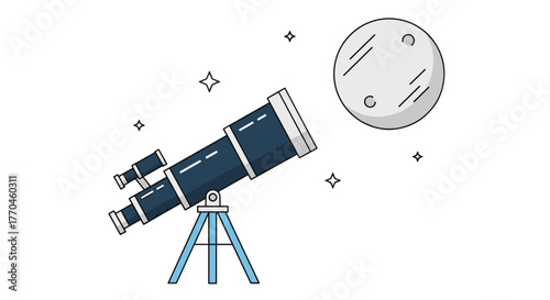 Telescope looking at the moon vector illustration astronomy equipment for stargazing and space exploration art