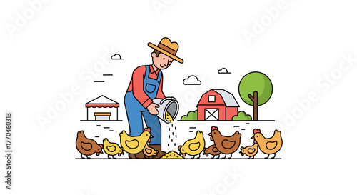 Farmer feeding chickens illustration vector art farming poultry farm animals agriculture rural scene vector design