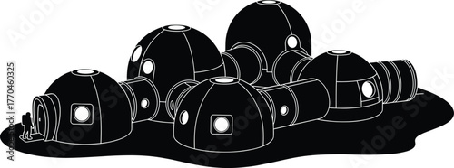 Cluster of Futuristic Dome Habitats on Alien Landscape, futuristic, domes, habitats, colony, alien landscape, science fiction, architecture, modular, interconnected, buildings, settlement, exploration