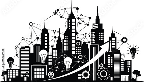Connected Smart City with Ideas and Growth Black and White smart city, technology, illustration, development, business, connections, city, black, skyscrapers, growth, light, description:, modern, buil