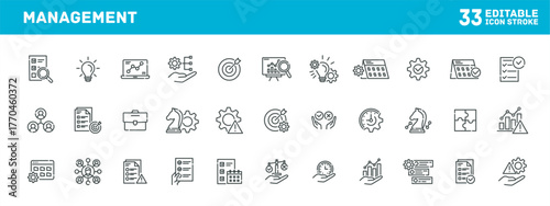 Business management tools and strategy icons in corporate workspace, banner design, icon category