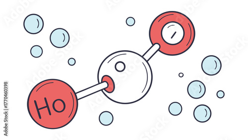 Illustration depicting a chemical compound molecule with red and white atoms and blue bubbles around