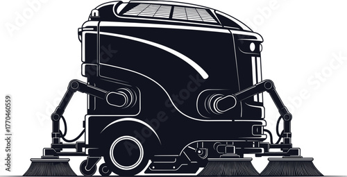 Dark silhouette of an advanced robotic street sweeper street sweeper, robot, automated, arms, illustration, advanced, service, hygiene, robot, grille, dark, cleaning, sweeper, description:, industrial