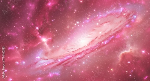 Pink galaxy with glowing stars and nebulae space