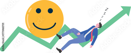 A businessman sleeps with money scattered over a rise green chart formed by stacked happy emoticons,
