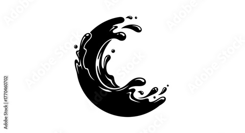 A splash of black liquid forming a crescent shape design element