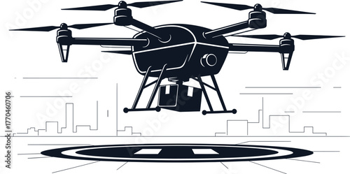 Drone delivering package over city skyline and helipad, drone, delivery, package, cargo, transportation, logistics, aerial, unmanned, vehicle, technology, future, service, shipping, automation, autono