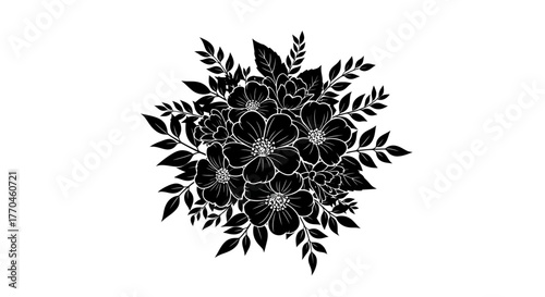 Elegant black and white floral arrangement with detailed botanical illustrations
