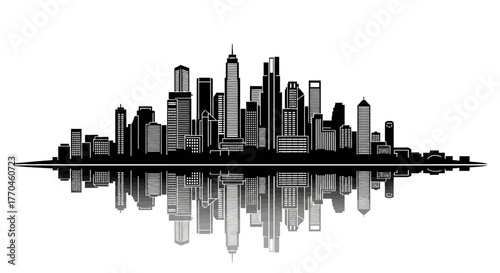 A striking black and white skyline silhouette with a water reflection