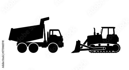 Silhouette depiction of a dump truck and bulldozer construction equipment