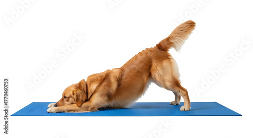 Golden Retriever dog in downward dog yoga pose stretching on a vibrant blue mat, promoting wellness and flexibility