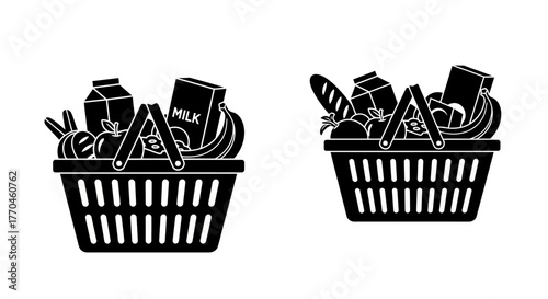 Two wicker baskets filled with groceries like milk bread and fruit