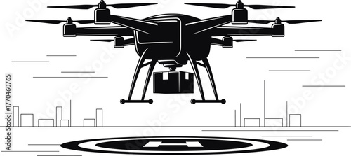 Drone delivering package with city and helipad silhouette, drone, delivery, package, cargo, transportation, logistics, aerial, unmanned, vehicle, technology, future, service, shipping, automation, aut