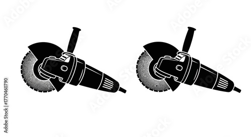 Two black and white illustrations depicting angle grinders with circular saw blades