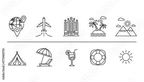 Travel vacation icons globe airplane hotel island mountains tent beach drink lifebuoy