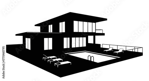 Modern minimalist house with a swimming pool and lounge chairs illustration