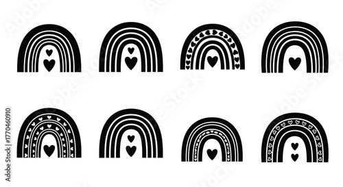 Minimalist black and white rainbows with hearts a modern graphic design composition